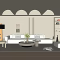 Modern Neutral Living Room With Sofa Round Coffee Table Plants And Arched Ceiling