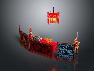 Oriental Scenery Decor with Red Lanterns Landscape Carved Screen and Traditional Ornaments 3d model