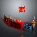 Oriental Scenery Decor with Red Lanterns Landscape Carved Screen and Traditional Ornaments