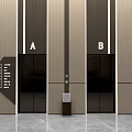 Modern Elevators Labeled A and B with Black Doors and Wooden Panel Walls
