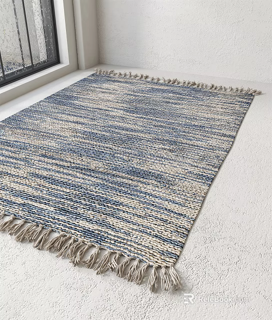 Square Rug With Blue And White Stripes Woven Texture Fringe Edges For Indoor Decor 3d model 
