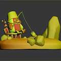 Little Character In Hat Sitting On Chair Fishing With Rod On Ice Catching Small Fish