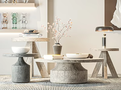 Modern Nested Coffee Tables With Gray Stone Base Decorative Vase Flower Branches Books Bowl 3d model