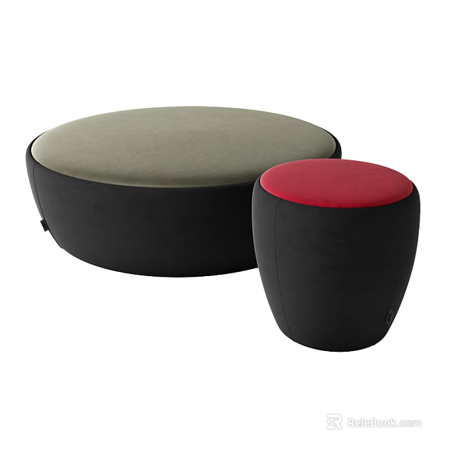 Modern Large And Small Ottoman With Gray Red Top And Black Base 3d model 