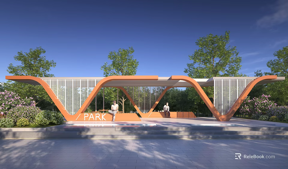 Park Pergola With Orange Curved Structure Surrounded By Green Trees And Paved Ground 3d model 