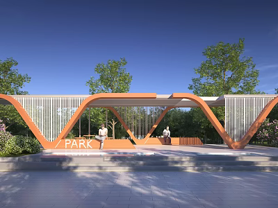 Park Pergola With Orange Curved Structure Surrounded By Green Trees And Paved Ground 3d model