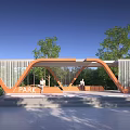 Park Pergola With Orange Curved Structure Surrounded By Green Trees And Paved Ground