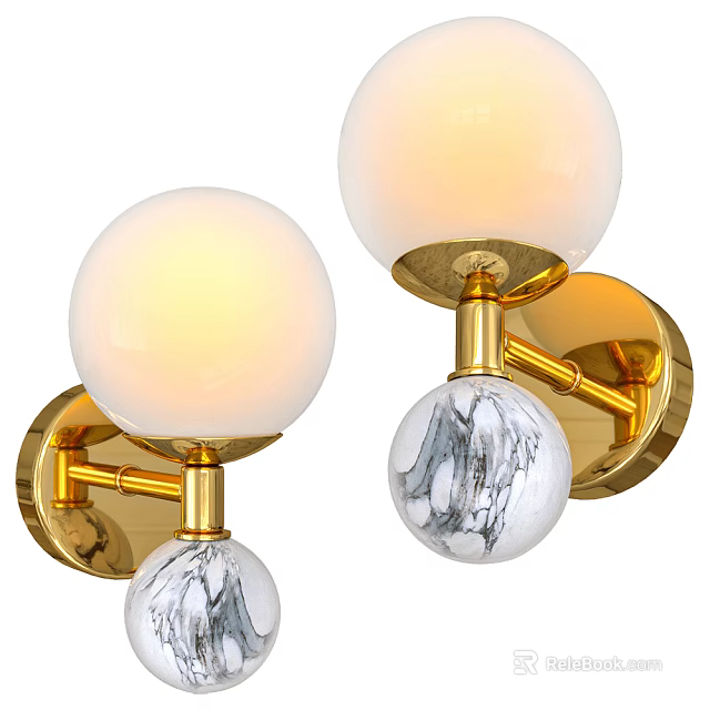 Modern Wall Lamps With Gold Metal Frame White Globe Shade And Marble Patterned Balls 3d model 