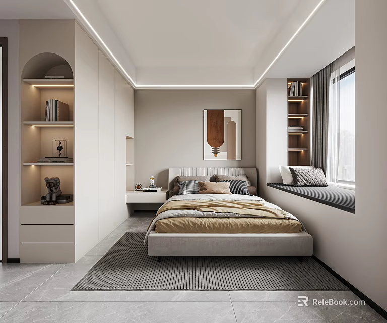 Modern Minimalist Bedroom Interior With Cozy Bed Bookshelves Artwork And Window Seat 3d model 