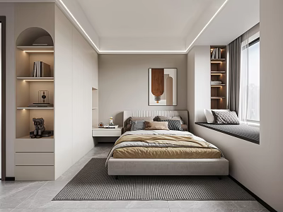 Modern Minimalist Bedroom Interior With Cozy Bed Bookshelves Artwork And Window Seat 3d model