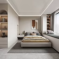 Modern Minimalist Bedroom Interior With Cozy Bed Bookshelves Artwork And Window Seat