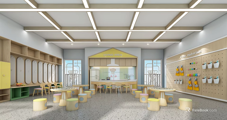 Kindergarten Interior With Open Kitchen Dining Tables Chairs Storage Cabinets Windows And Ceiling Light Strips 3d model