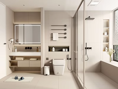 Modern Bathroom Interior Design With Shower Toilet Vanity Mirror And Towel Rack 3d model