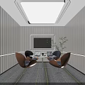 Contemporary Lounge Area Interior With Paneled Walls Round Table Brown Chairs And TV Plant