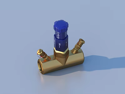Brass Pipeline Valve With Blue Control Knob And Fitting Connections 3d model