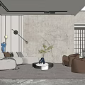 Modern Living Room Interior With White Sofa Brown Armchairs Marble Wall And Green Plant