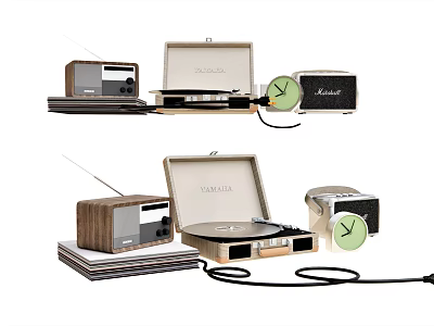 Vintage Wooden Audio Headphones And Speakers With Retro Turntable Radio Design 3d model