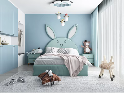 Kids Bedroom With Pastel Blue Walls Rabbit Headboard And Plush Toys 3d model