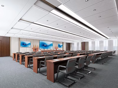 Modern Spacious Conference Room With Long Tables Multiple Screens Chairs Windows And Ceiling Light Strips 3d model