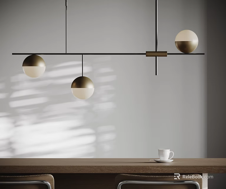 Modern Chandelier With Three Spherical Lamps Black Horizontal Bar And White Shades 3d model 