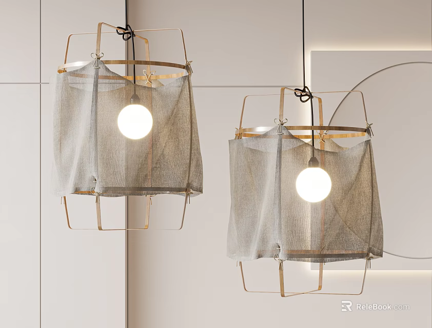 Modern Pendant Lights Featuring Metal Frame Gray Fabric Shades And Round Bulbs 3d model 