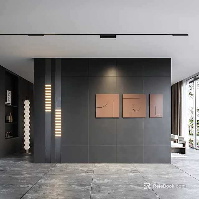 Modern Black Sofa Background Wall Featuring Brown Decorative Panels and LED Lighting Strips 3d model