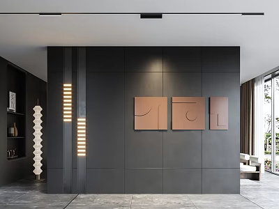 Modern Black Sofa Background Wall Featuring Brown Decorative Panels and LED Lighting Strips 3d model