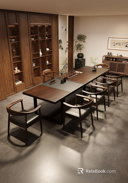 Traditional Wooden Tea Table And Chairs With Decorative Shelves And Items 3d model 