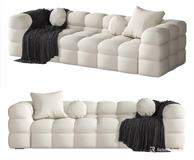 White Multi Seater Sofa With Rounded Block Design Decorative Pillows And Black Throw Blanket 3d model
