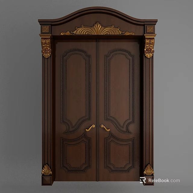 Ornate Classic Wooden Double Doors With Golden Decorative Details And Panel Design 3d model 