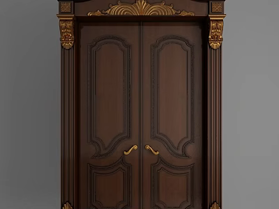 Ornate Classic Wooden Double Doors With Golden Decorative Details And Panel Design 3d model