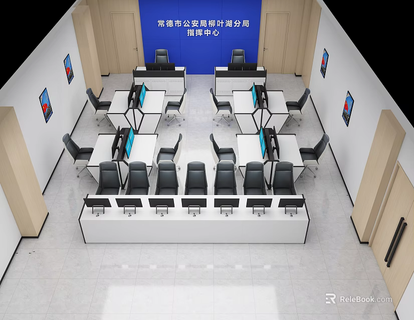 Modern Monitoring Room Interior Design With Workstations And Display Screens Layout 3d model 