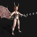 Red Haired Fantasy Game Character With Horns Bat Wings Bikini Outfit And Arm Restraints