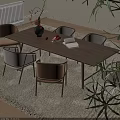 Modern Wooden Dining Table Set With Chairs Vase Fruits Books And Plant