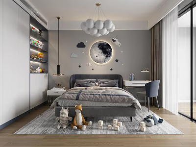 Children's Room With Balloon Chandelier Moon Stars Decor Stuffed Animals Building Blocks Desk Chair 3d model