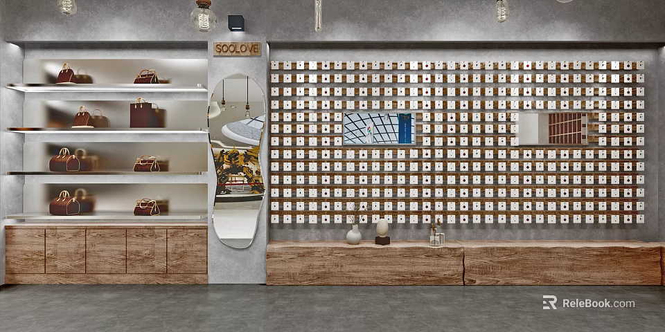 Modern Wooden Display Shelves With Handbags Shoes Mirror And Lighting 3d model 