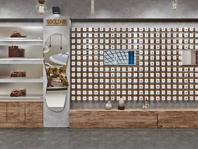 Modern Wooden Display Shelves With Handbags Shoes Mirror And Lighting 3d model