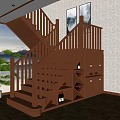 Chinese Style Wooden Staircase With Wine Cabinet Green Plant And Landscape Painting