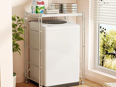 Sturdy Indoor Storage Shelf Over Washing Machine With Detergent Containers And Potted Plant 3d model