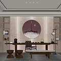 Elegant Tea Room With Circular Landscape Painting Long Wooden Table And Tea Sets