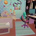 Vibrant Children's Bedroom Interior With Pink Bed Blue Walls Desk And Cozy Rug