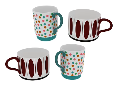 Four decorative cups featuring polka dots maroon oval patterns and teal base design 3d model