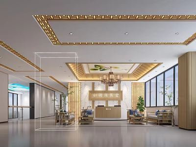Elegant Modern Lobby Interior With Ornate Ceiling Chandelier Reception Desk And Green Plants 3d model