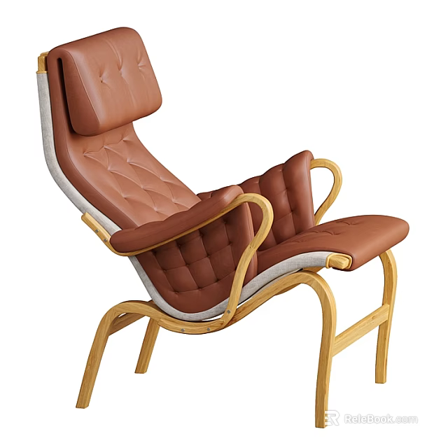 Brown Leather Leisure Chair With Diamond Stitching And Curved Wooden Armrests 3d model 