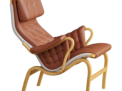 Brown Leather Leisure Chair With Diamond Stitching And Curved Wooden Armrests 3d model