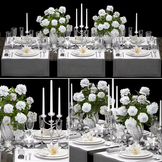 Elegant Tableware Set With White Flowers Candles And Delicate Dining Table Arrangement 3d model 