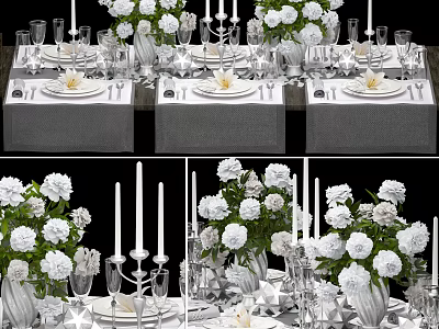 Elegant Tableware Set With White Flowers Candles And Delicate Dining Table Arrangement 3d model