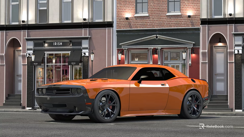Orange Dodge Challenger Sports Car Parked On Urban Street With Buildings 3d model 