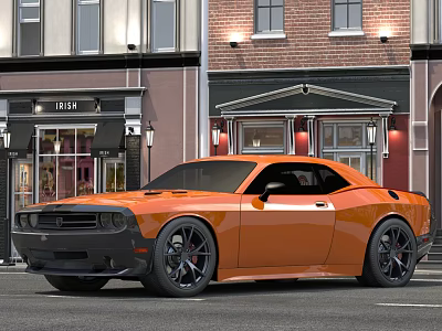 Orange Dodge Challenger Sports Car Parked On Urban Street With Buildings 3d model