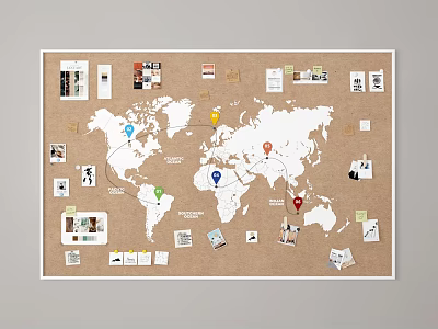 Corkboard Wall Display With World Map Colorful Pins Photos And Notes 3d model